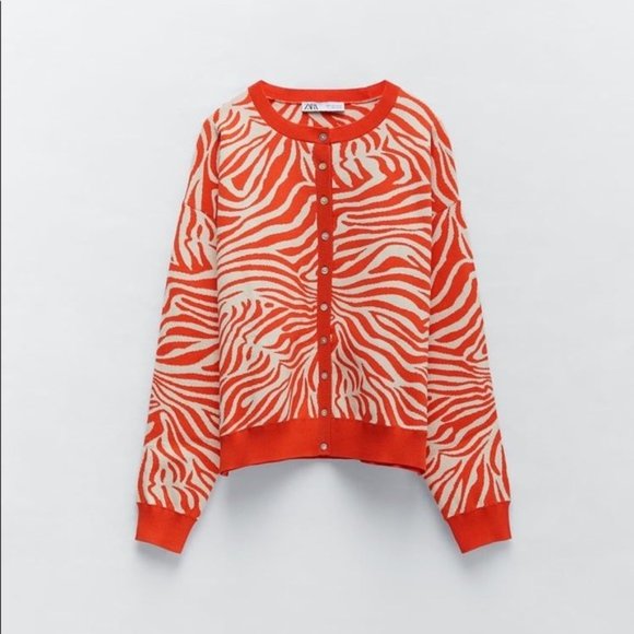 NWT Zara Zebra Orange Sweater Jacket Cardigan  Medium - Picture 10 of 12